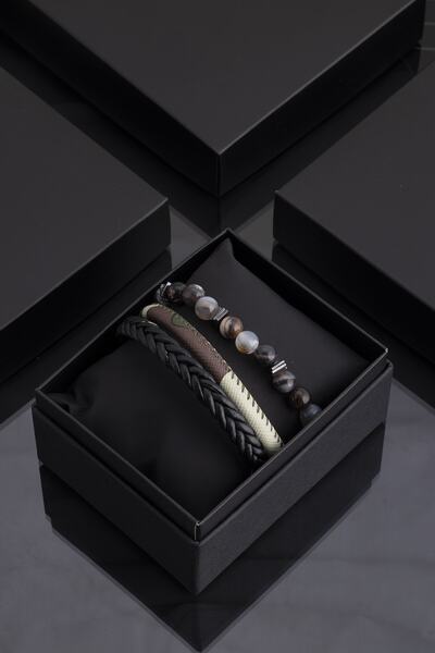 Sortie Aksesuar Hakiki Deri Ve Doğal Taş Erkek Kombin Bileklik Seti 016