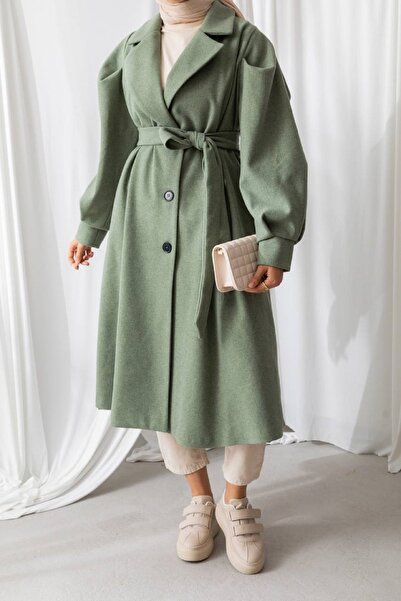 lovebox Oversize 120 Cm Khaki Stamp Fabric Hijab Coat with Belt Detail and Hidden Pockets 5953