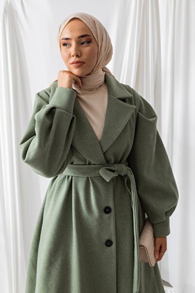 lovebox Oversize 120 Cm Khaki Stamp Fabric Hijab Coat with Belt Detail and Hidden Pockets 5953