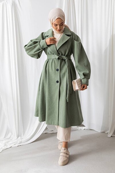 lovebox Oversize 120 Cm Khaki Stamp Fabric Hijab Coat with Belt Detail and Hidden Pockets 5953