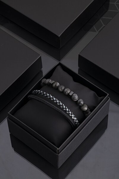 Sortie Aksesuar مجموعة أساور للرجال من الجلد الطبيعي والحجر الطبيعي 051