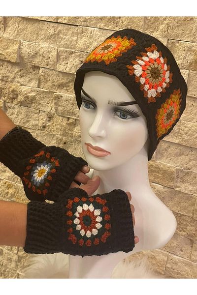 Gönülden Tasarım Ethnic Bohemian Motif Knitting - Gloves and Headband Set