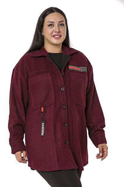 DISENTIS MODEST قميص سترة مخيط باللون العنابي - مقاس كبير، مع جيب حقيبة وتفاص...