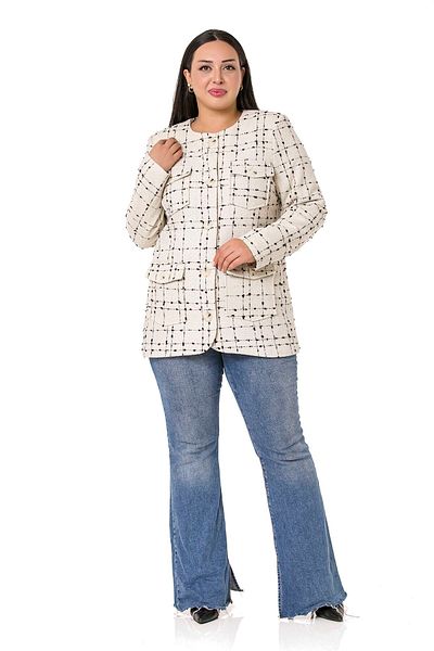 DISENTIS MODEST Plus Size Button and Pocket Detailed Skirt Oval Cut Lined Tweed Ecru Black Jacket