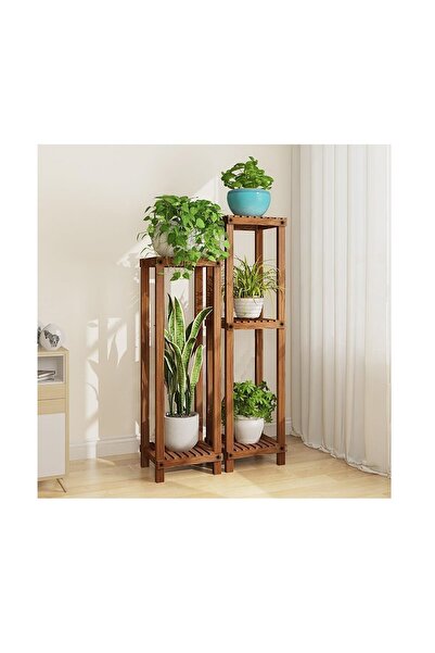 ALANDEKOR Eskitme Ceviz Rengi Çiçeklik 2'li Takım Çiçek Rafı Saksılık