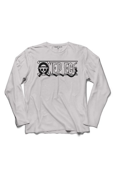 Kendim Seçtim Tricou alb cu mânecă lungă cu imprimeu anime alb-negru pentru bărbați