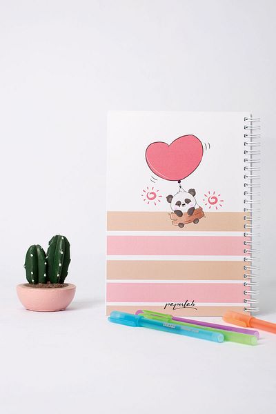 paperlab A5 Cute Heart Panda Patterned Striped Spiral Notebook