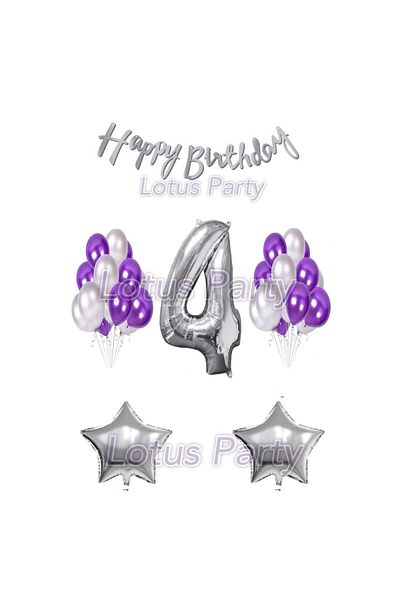 LOTUS PARTY 4 Year Old Birthday Set - 1 Number Balloon - 20 Silver and Purple Balloons - 2 Stars Happy Birthday Text