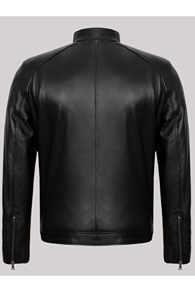 Derimont's Hakiki Kuzu Derisi Siyah Erkek Deri Mont Düz Kesim Dik Yaka Deri Ceket