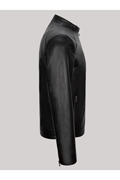 Derimont's Hakiki Kuzu Derisi Siyah Erkek Deri Mont Düz Kesim Dik Yaka Deri Ceket