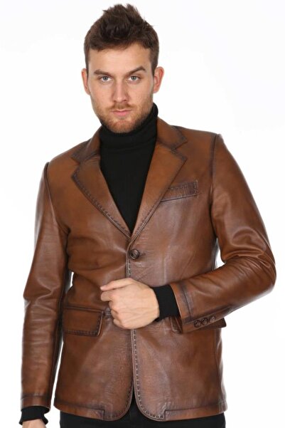 Derimont's Hakiki Kuzu Derisi Kahverengi Leon Düğmeli Erkek Deri Ceket