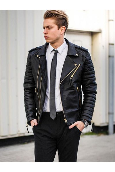 Derimont's Genuine Leather Black Embroidered Zippered Men's Leather Jacket