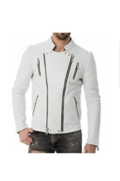 Derimont's Genuine Leather White Men's Leather Coat Four Side Zipper Leather Jacket