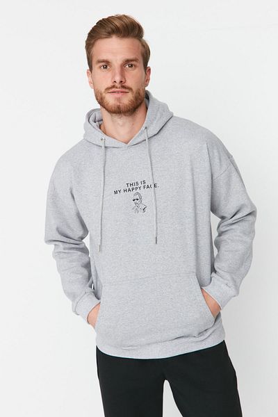 Trendyol Collection Grey Men's Oversize Fit Hooded Vincent Van Gogh Licensed Sweatshirt TMNAW23SW00071