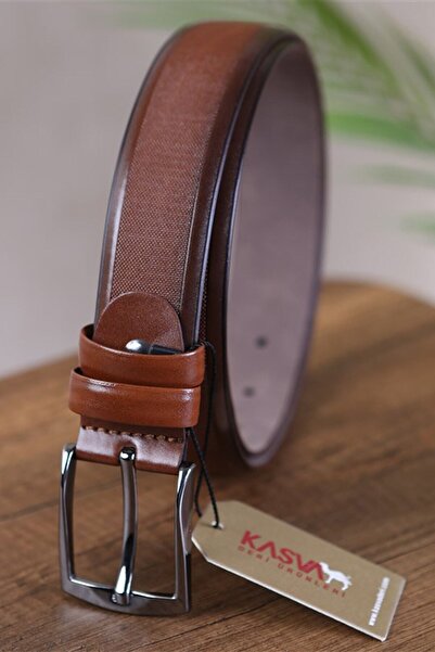 KASVA DERİ حزام كلاسيكي صناعي منقوش باللون البني مقاس 3.5 سم