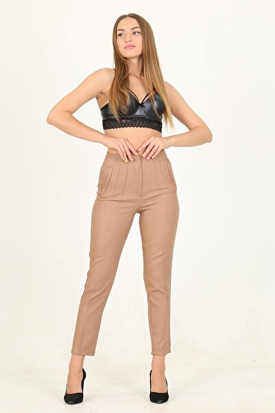 Neşeli Butik Γυναικείο camel ψηλόμεσο παντελόνι γραφείου νέας σεζόν Qns029