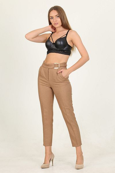 Neşeli Butik Women's Camel Metal Belted Pocket Office Pants Qns028