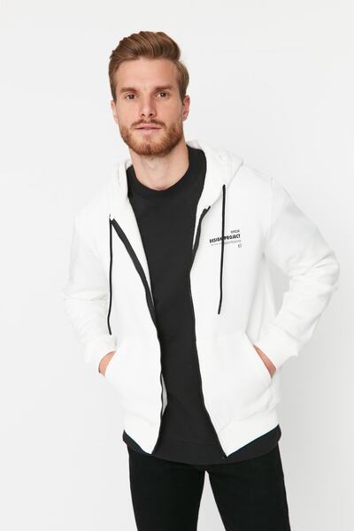 Trendyol Collection Fehér kapucnis szlogen polár pulóver - TMNAW23SW00227