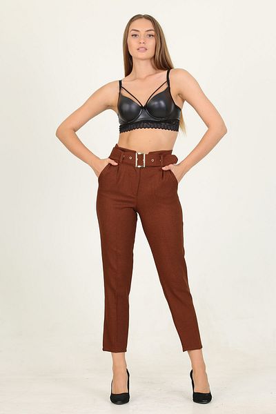 Neşeli Butik Women's Brick Belt High Waist Carrot Trousers Qns033