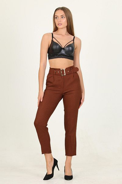 Neşeli Butik Women's Brick Belt High Waist Carrot Trousers Qns033