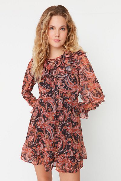 Trendyol Collection Тъкана рокля с кафява яка и детайли TWOAW23EL00677