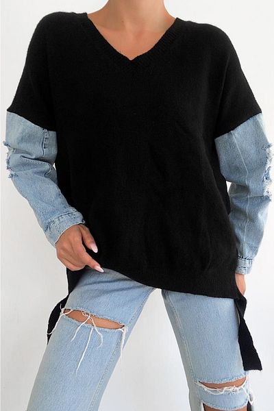 FEMELLE Pulover negru cu decolteu în V, tricotaj, cu detaliu din denim