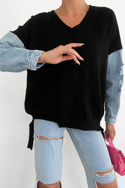 FEMELLE Pulover negru cu decolteu în V, tricotaj, cu detaliu din denim