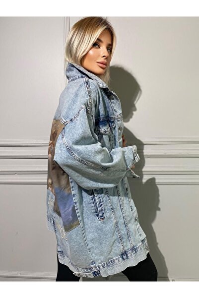 laughs Γυναικείο Asymmetric Loose Cut Oversize Patchwork Angel εμπριμέ τζιν μπουφάν Ck7000