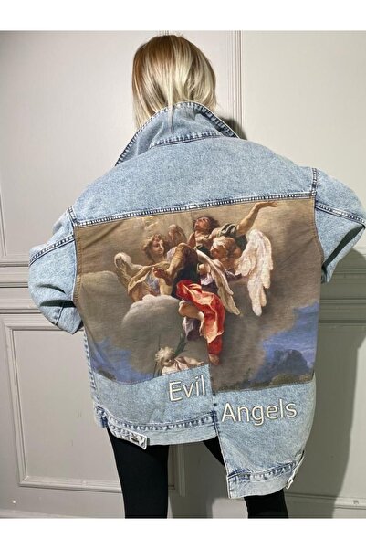 laughs Γυναικείο Asymmetric Loose Cut Oversize Patchwork Angel εμπριμέ τζιν μπουφάν Ck7000