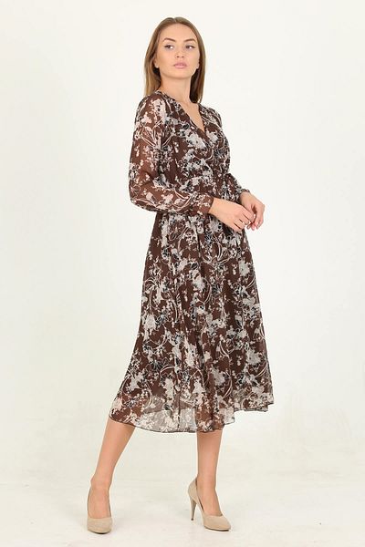 Neşeli Butik Γυναικείο φόρεμα σιφόν με καφέ σχέδιο Midi μήκους Rssn15