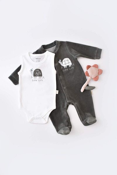 BabyCosy Set de salopete și body cu picioare din catifea țestoasă