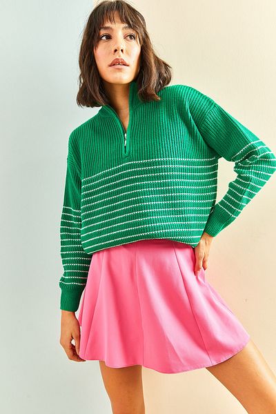 Bianco Lucci Women's Turtleneck Zippered Striped Knitwear Sweater