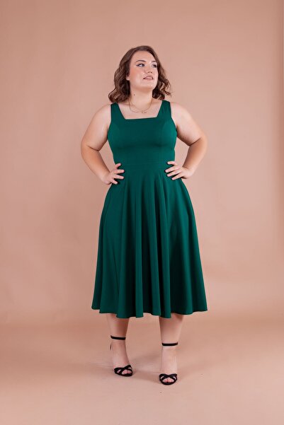 Bidoluelbise Women's Plus Size Square Collar Midi Length Dress