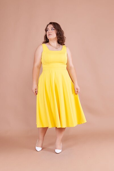 Bidoluelbise Women's Plus Size Square Collar Midi Length Dress