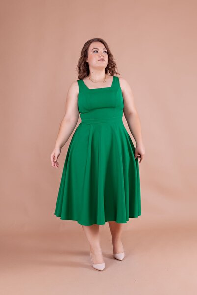 Bidoluelbise Women's Plus Size Square Collar Midi Length Dress