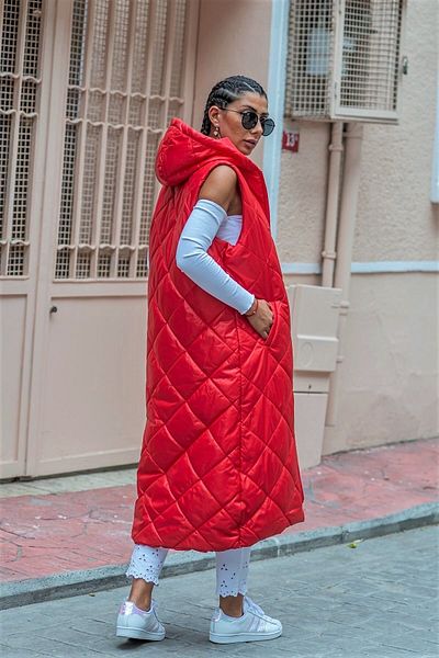 Keyifli Moda Women's Red Hooded Pocketed Diamond Pattern Long Puffer Vest