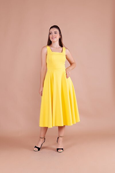 Bidoluelbise Kadın Kare Yaka Midi Boy Elbise