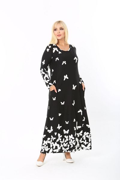 Mami Plus Size Long Sleeve Black Hijab Suitable Viscose Combed Cotton Double Pocket Long Dress