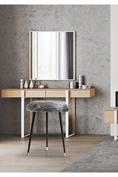 elissa home Puf Uzun Tüylü Peluş Metal Ayak Makyaj Pufu Ayak Uzatma Gri