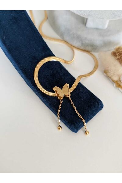 SU PERİSİ TAKI BİJUTERİ قلادة مسطحة بتفاصيل فراشة من الفولاذ