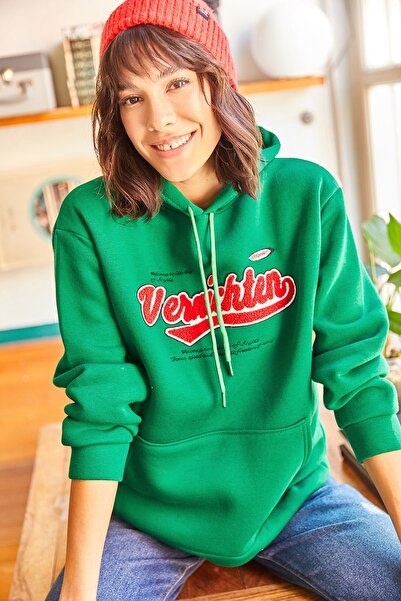 Olalook Kadın Çimen Yeşili Kapüşonlu Aplikeli Nakışlı İçi Polarlı Kalın Sweatshirt SWT-19000581