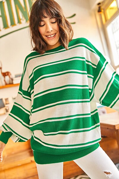 Olalook Női fű zöld csíkos léggömb ujjú túlméretezett kötöttáru tunika TNK-19000089