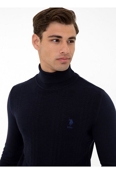 U.S. Polo Assn. Pulover pentru bărbați, uni bleumarin, cu gât roscat