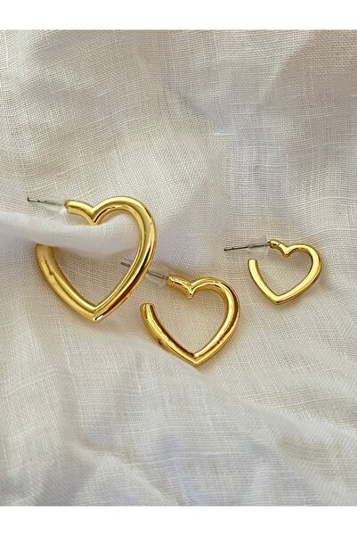 AURRARİ Kadın Gold 3'lü Kalp Set Küpe
