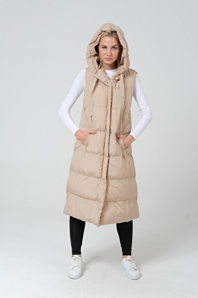 diaves Жіночий екрю капюшон підкладка з наповнювачем з поліестеру довгий пуховик
