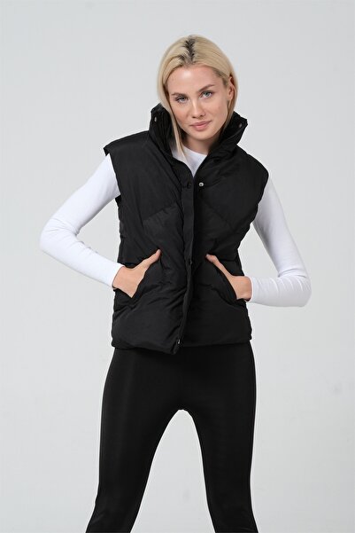 diaves Жіночий чорний жилет з високим коміром, наповнений синтепоном