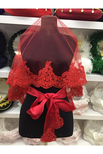 KÖKSAL Kırmızı Dantelli Gelin Duvak Eldiven Kuşak Tam Set Gelin Pullusu Örtüs...