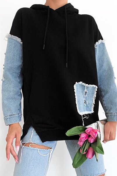 FEMELLE Hanorac cu glugă cu mâneci și buzunare sezon nou, cu detaliu din denim