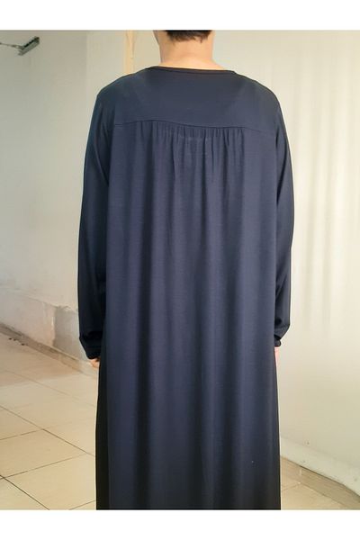 Mertcan Butik Μπλε ναυτικό φόρεμα βισκόζης με κομμένο χτενισμένο βαμβακερό ρόμπα μπροστά και πίσω