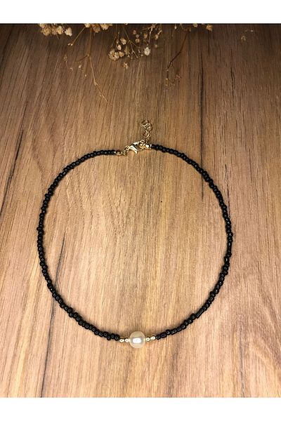Stoneday Pearl Detailed Special Design Black Color Pearl Sand Bead Necklace